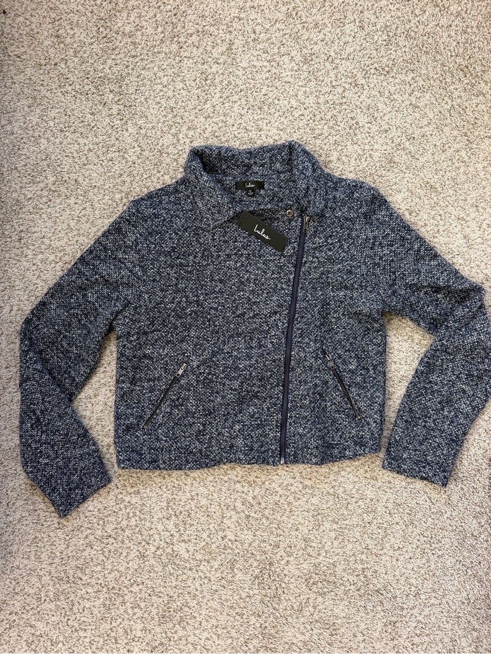 Lulu's Navy Blue Tweed Asymmetrical Zip Moto Blazer